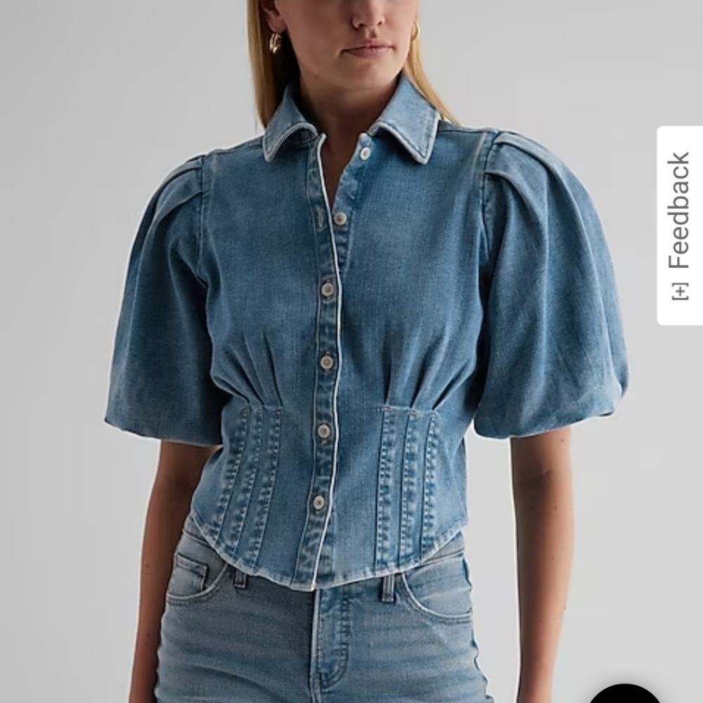 Express Denim Puff Sleeve Corset Button Up Shirt